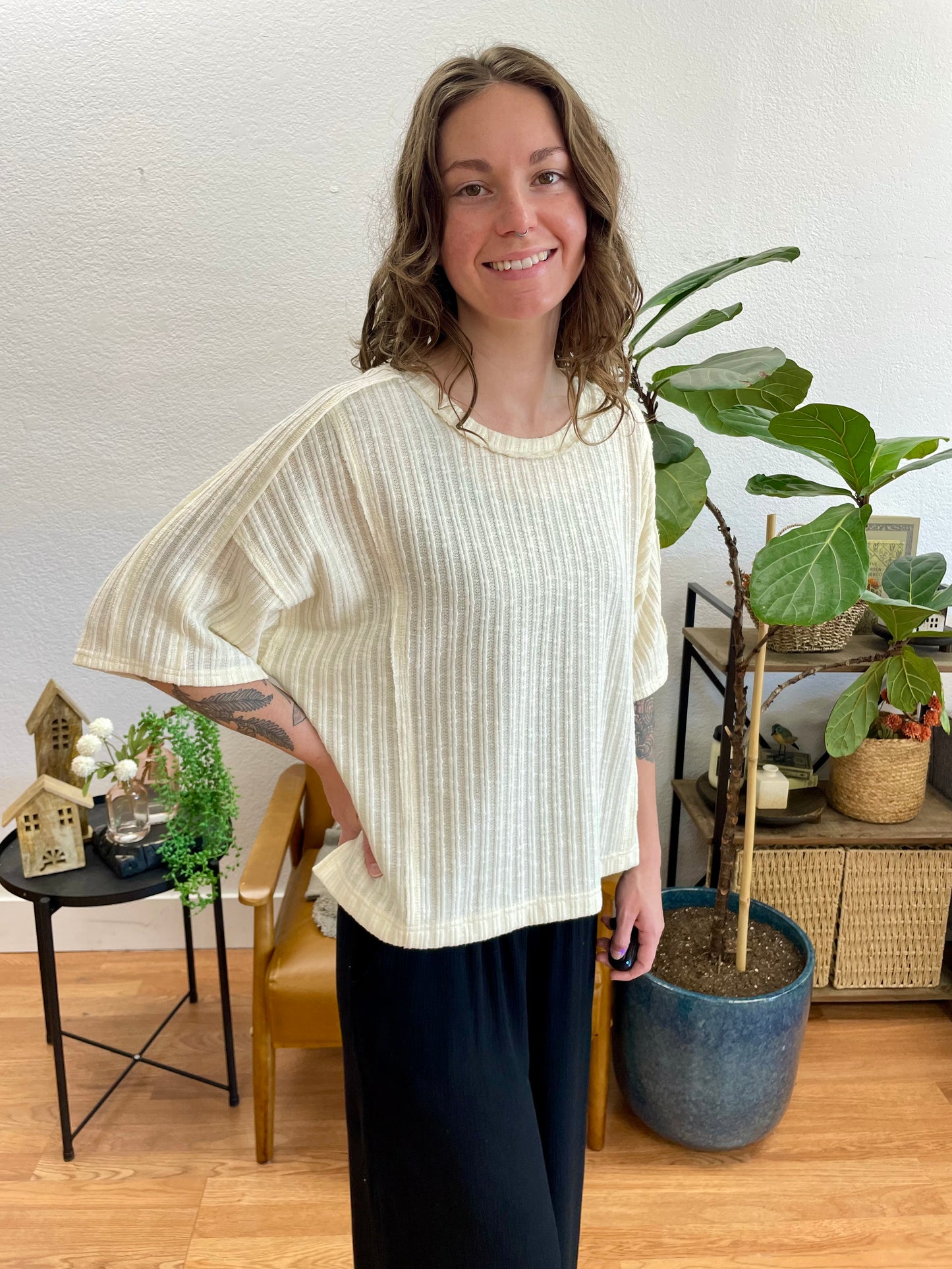 Cream Star Patch Ribbed Top