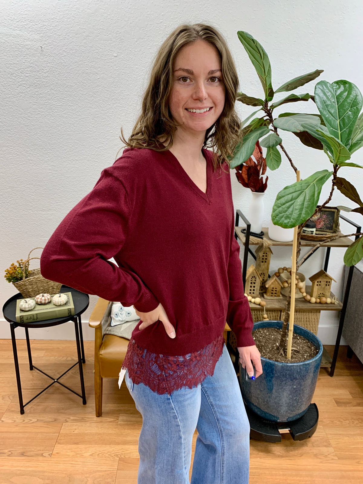Wine Lace Hem Sweater