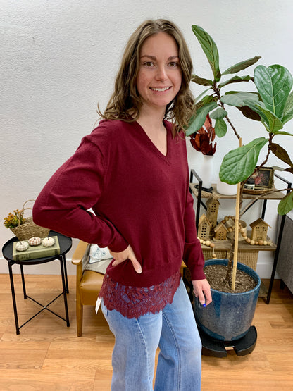 Wine Lace Hem Sweater