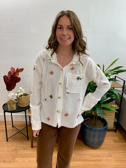 White Embroidered Hoodie Jacket