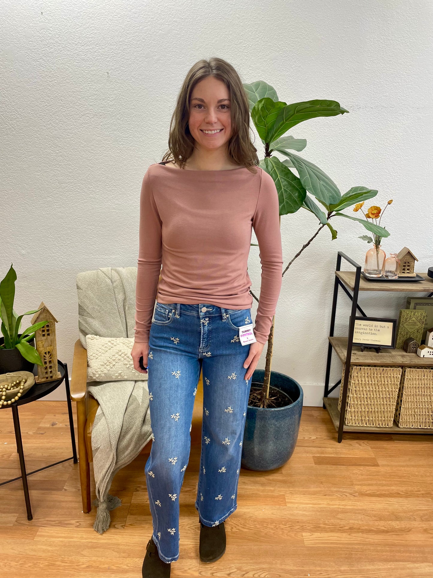 Risen Embroidered Tummy Control Wide Leg Crop Jeans