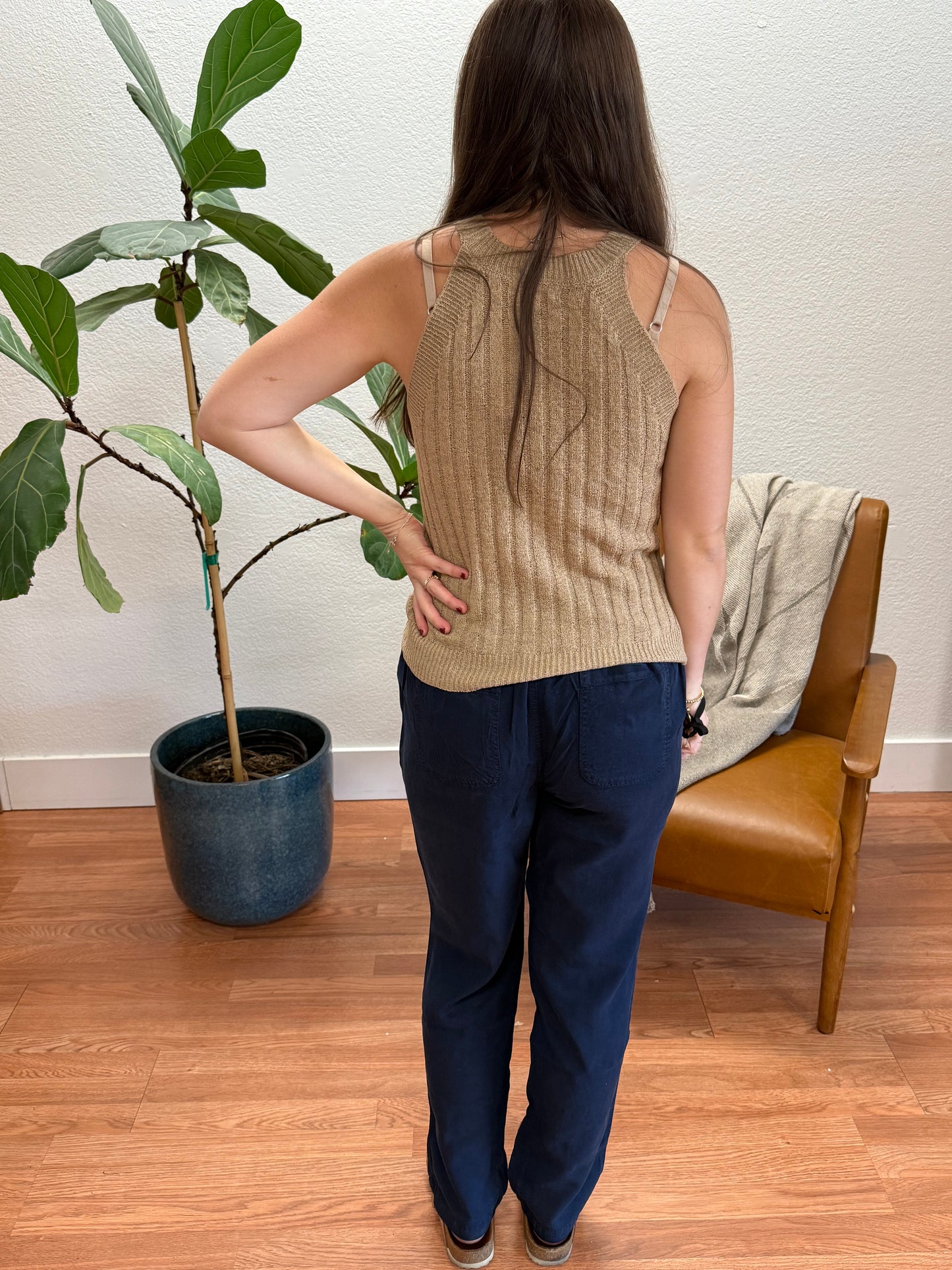 Tan Halter Crochet Knit Tank