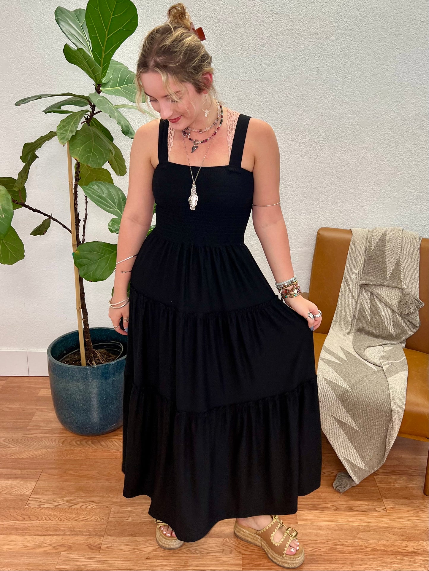 Black Smocked Tiered Midi Dress