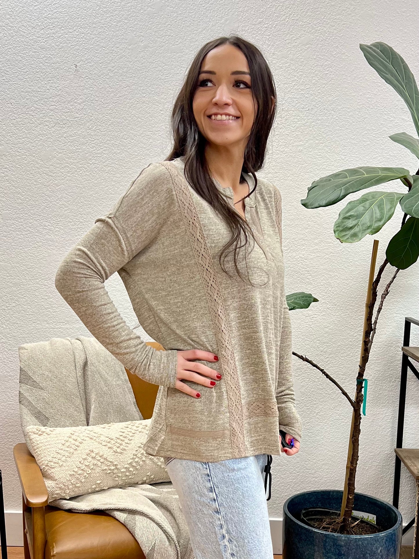 Taupe Brushed Lace + Knit Henley Top