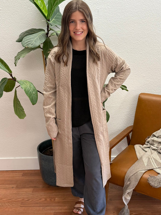 Taupe Braided Long Pocket Cardigan