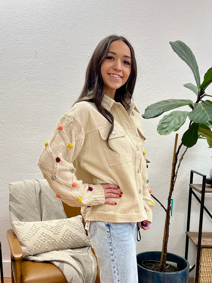 Cream Pom Pom Corduroy Shacket
