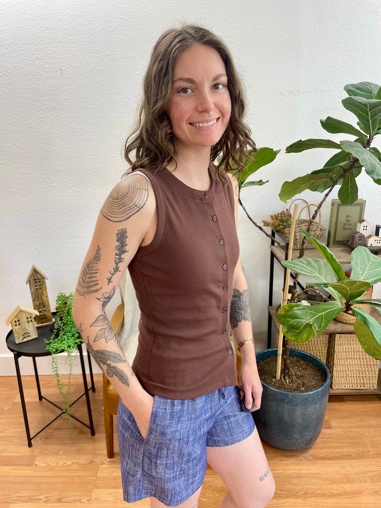 Chocolate Ribbed Button Up Tank