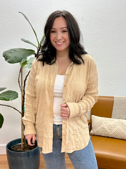 Almond Stripe Textured Button Down Top