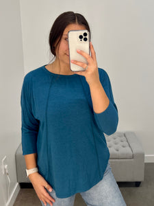 Teal Contrast Stitch 3/4 Sleeve Tee