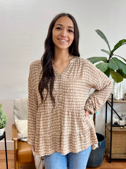 Taupe Tie-Dye Babydoll Blouse