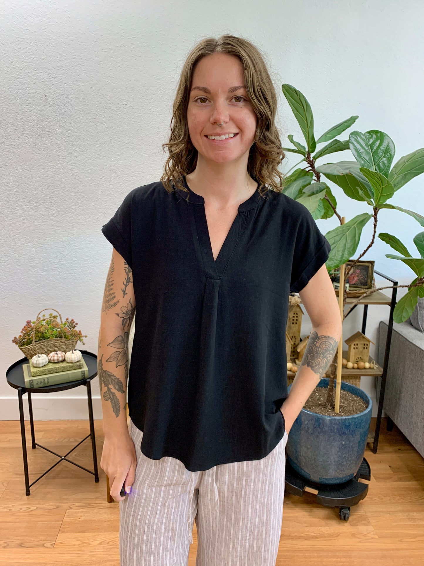 Black Back Button Blouse