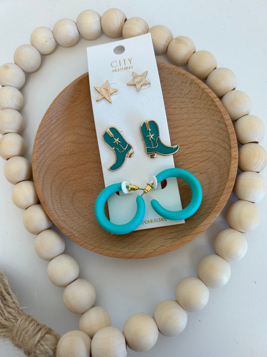 3 Pack Turquoise Cowgirl Earrings