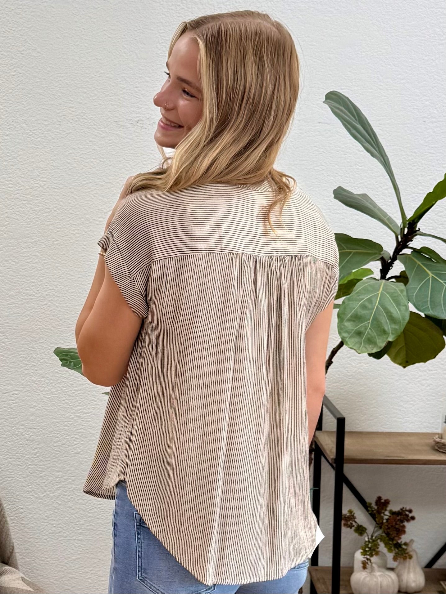 Champagne Pinstripe Button Down Top