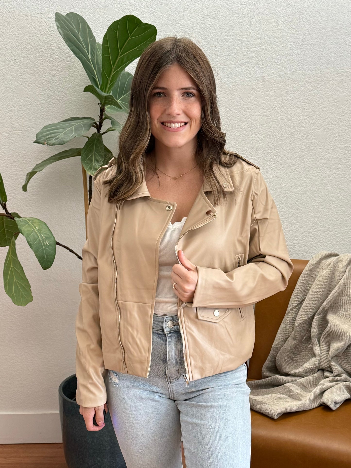 Beige Faux Leather Moto Jacket