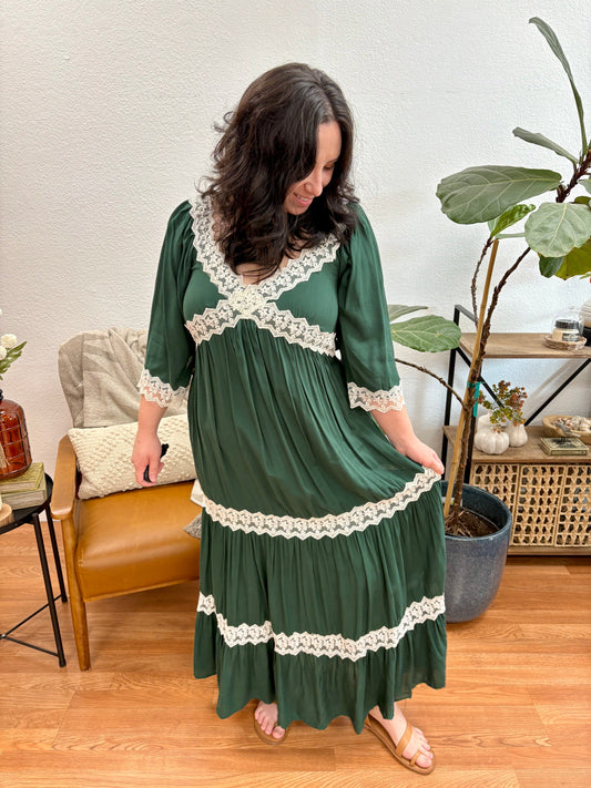 Hunter Green Lace Trim Midi Dress