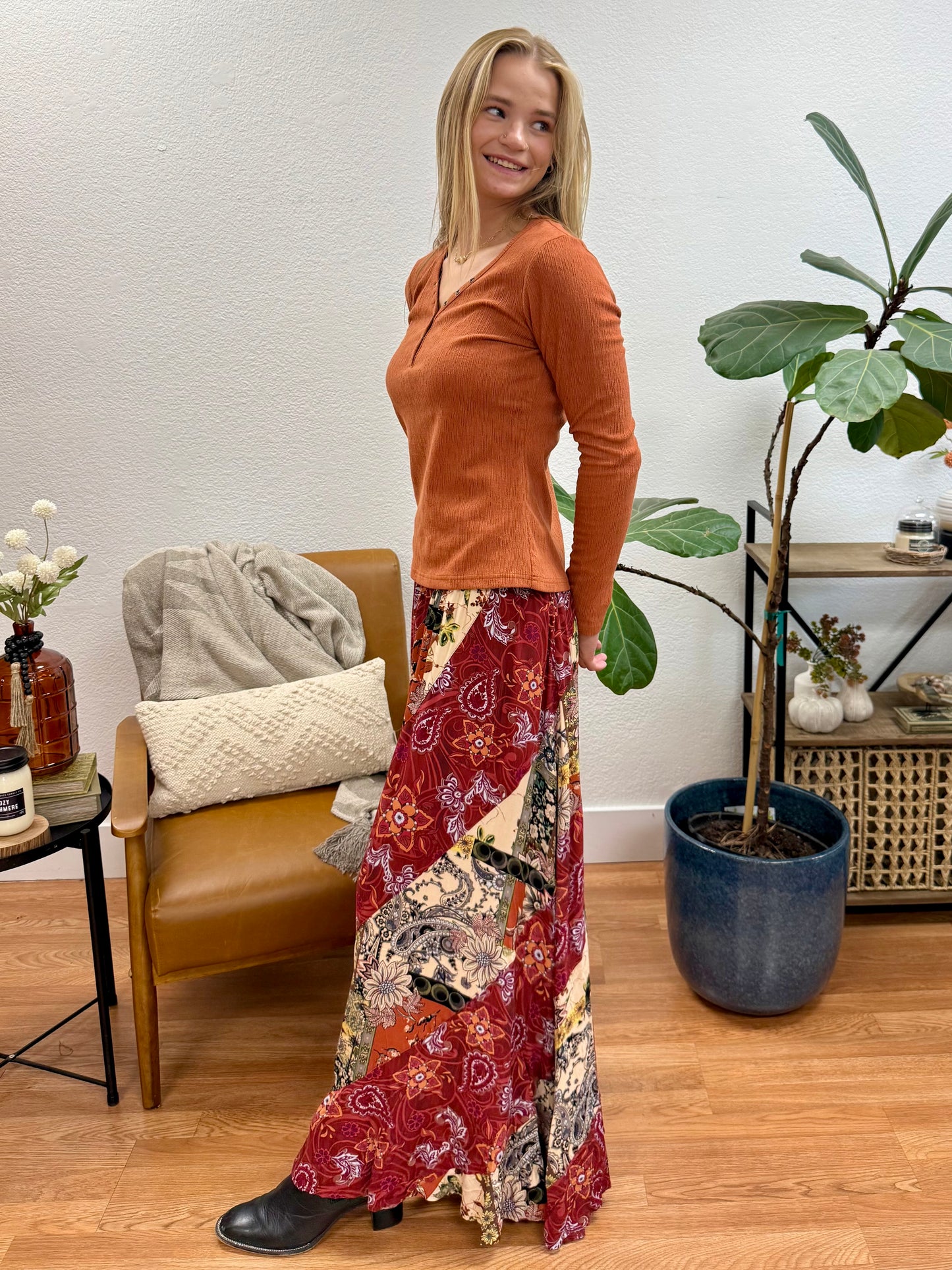 Pumpkin Textured Knit Fitted Henley Top