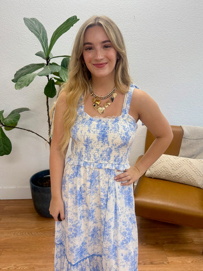 Blue Floral Sweetheart Midi Dress