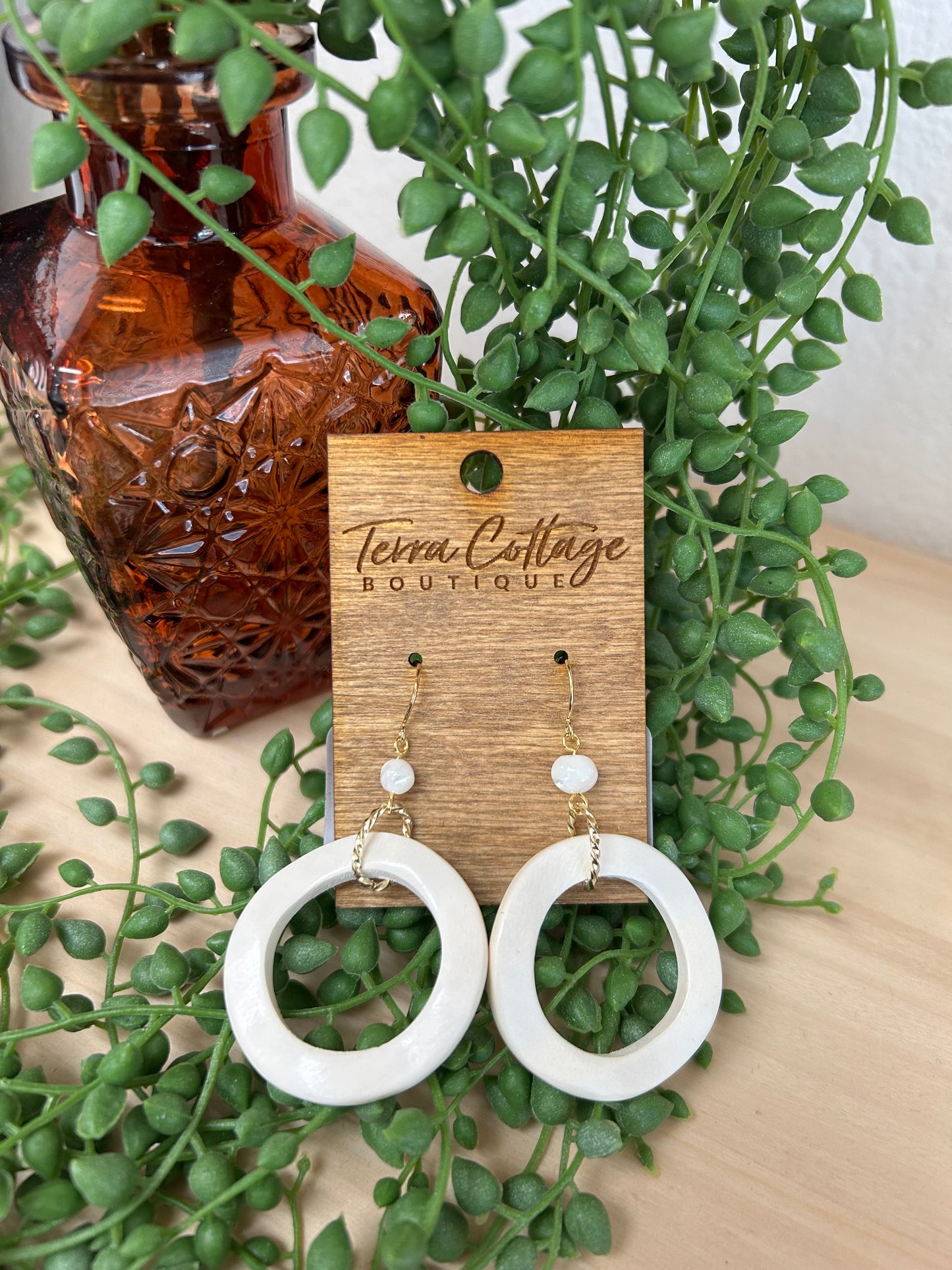 Wooden Hoop And Shell Bead Dangle Earrings