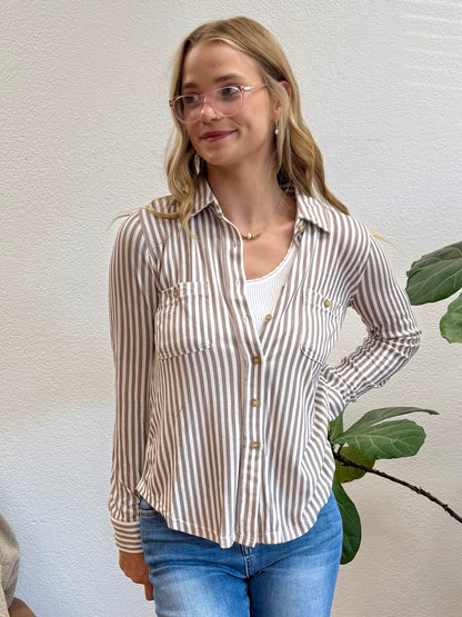 Mocha Tab Sleeve Soft And Stretchy Button Down