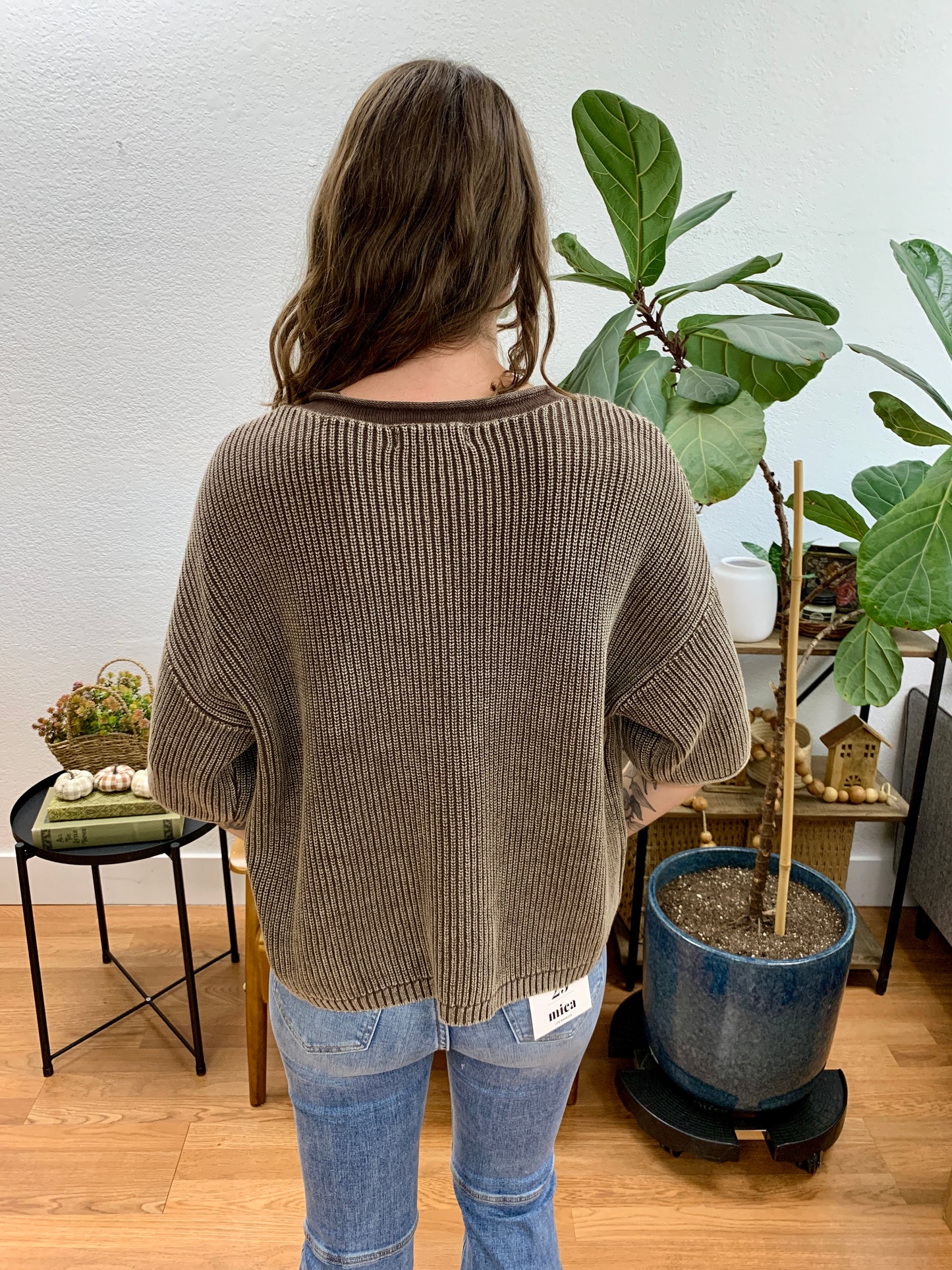 Brown Washed Ribbed Cardigan