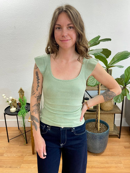 Sage Washed Ruffle Sleeve Top
