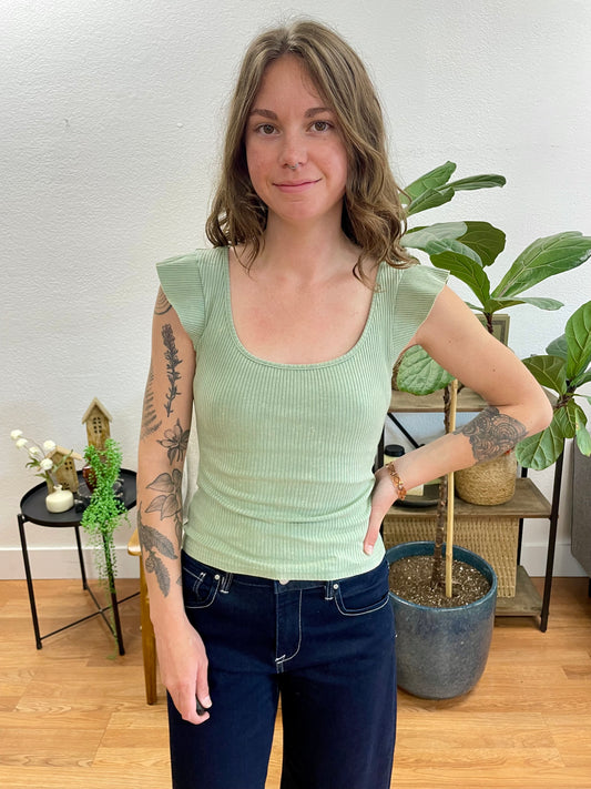 Sage Washed Ruffle Sleeve Top