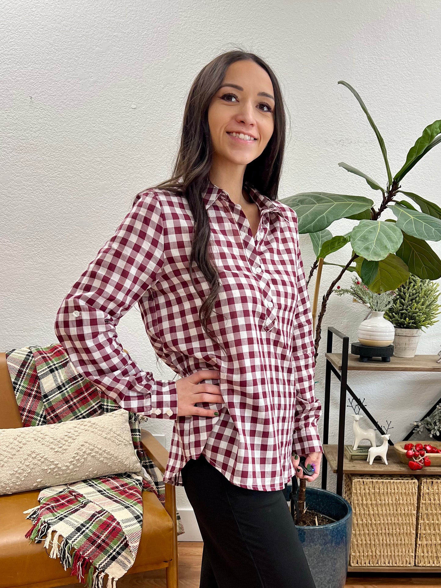 Burgundy Half Placket Gingham Shirt