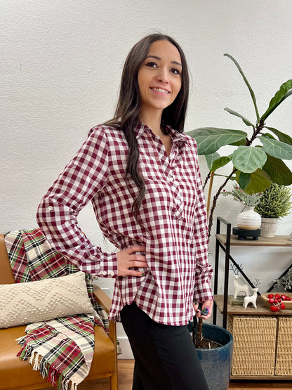 Burgundy Half Placket Gingham Shirt