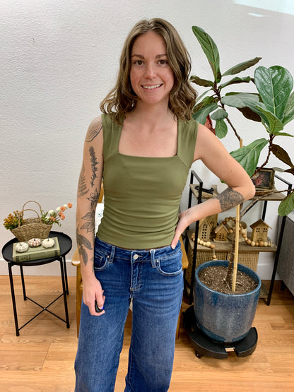 Olive Square Neck Sleeveless Top