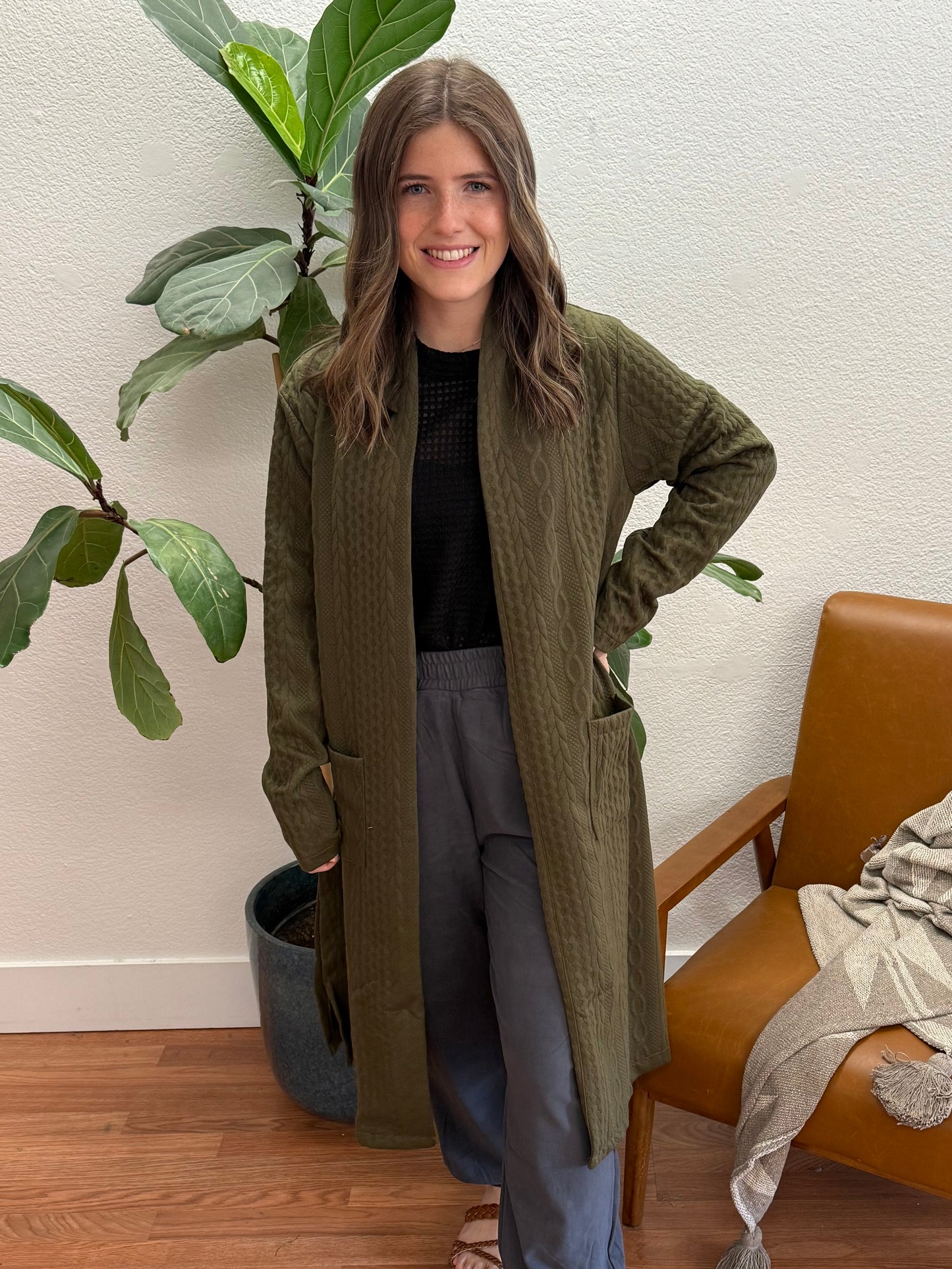 Olive Braided Long Pocket Cardigan