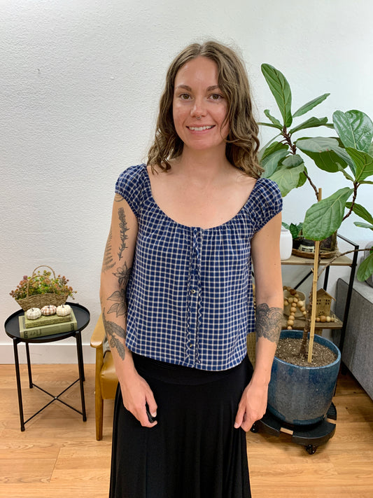 Navy Plaid Button Front Blouse