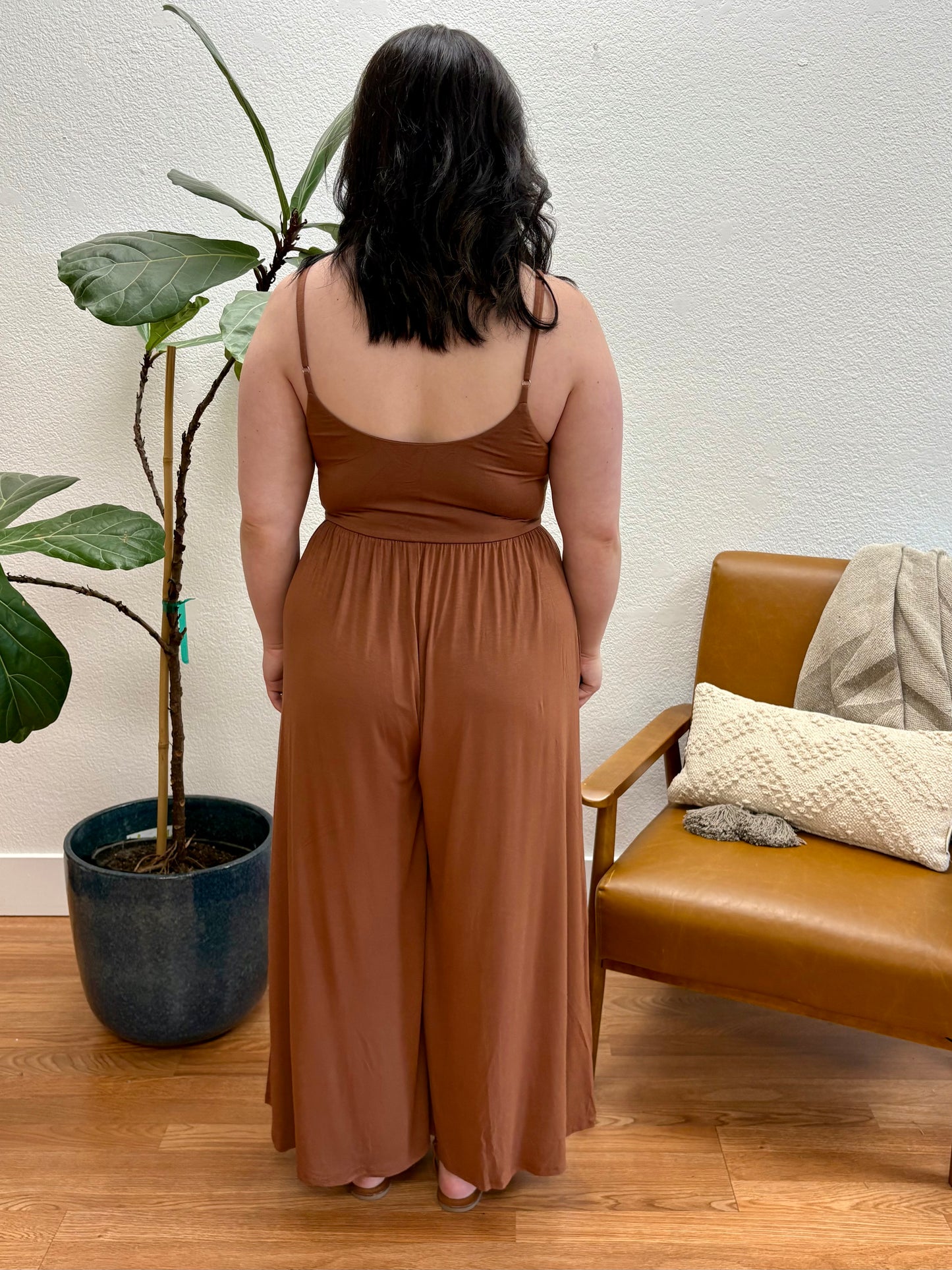 Rust U-Neck Flare Wide Leg Jumpsuit