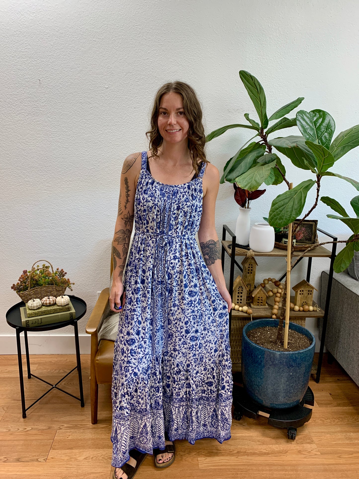 Blue Scoop Neck Floral Maxi Dress