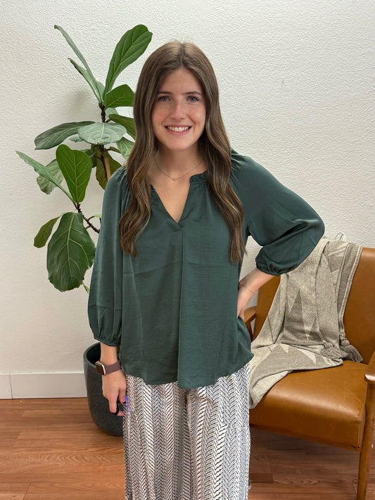 Forest Green Balloon Sleeve Blouse