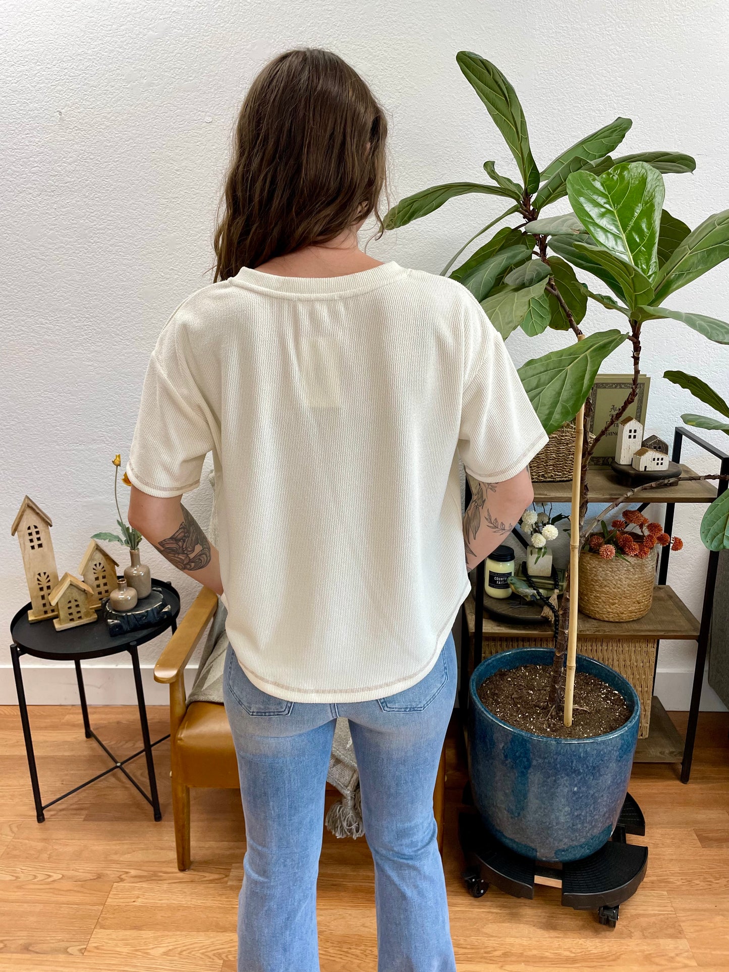 Ivory Split Neck Terry Knit Top
