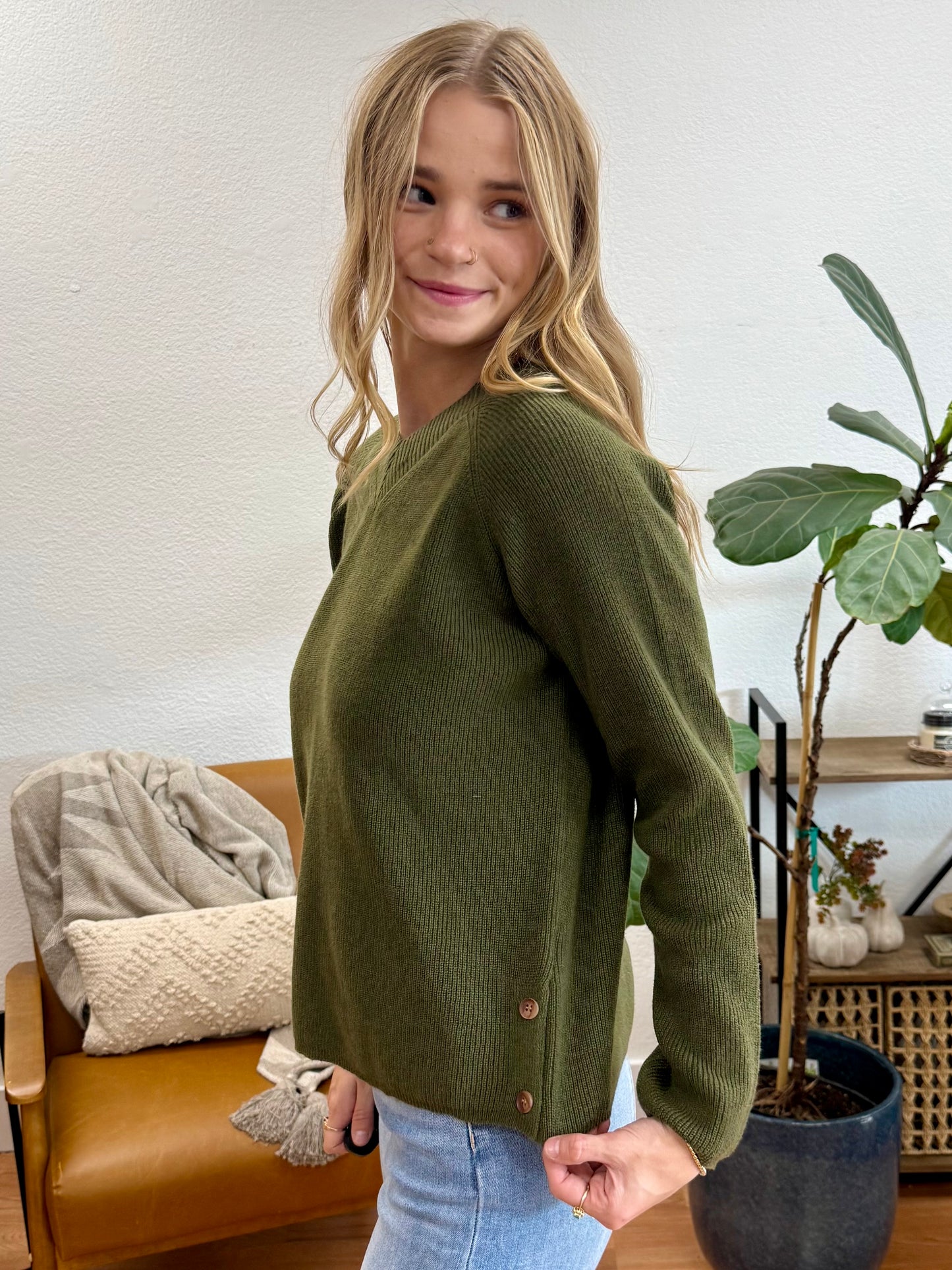 Olive V-Neck Side Button Sweater