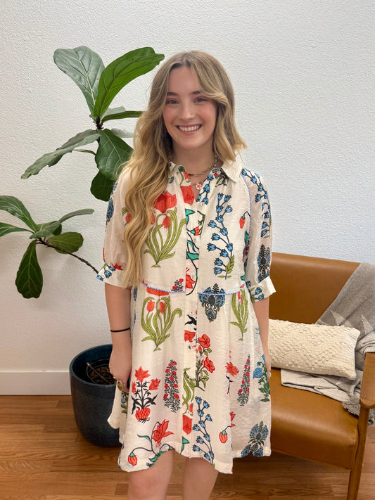 White Floral Shirt Dress