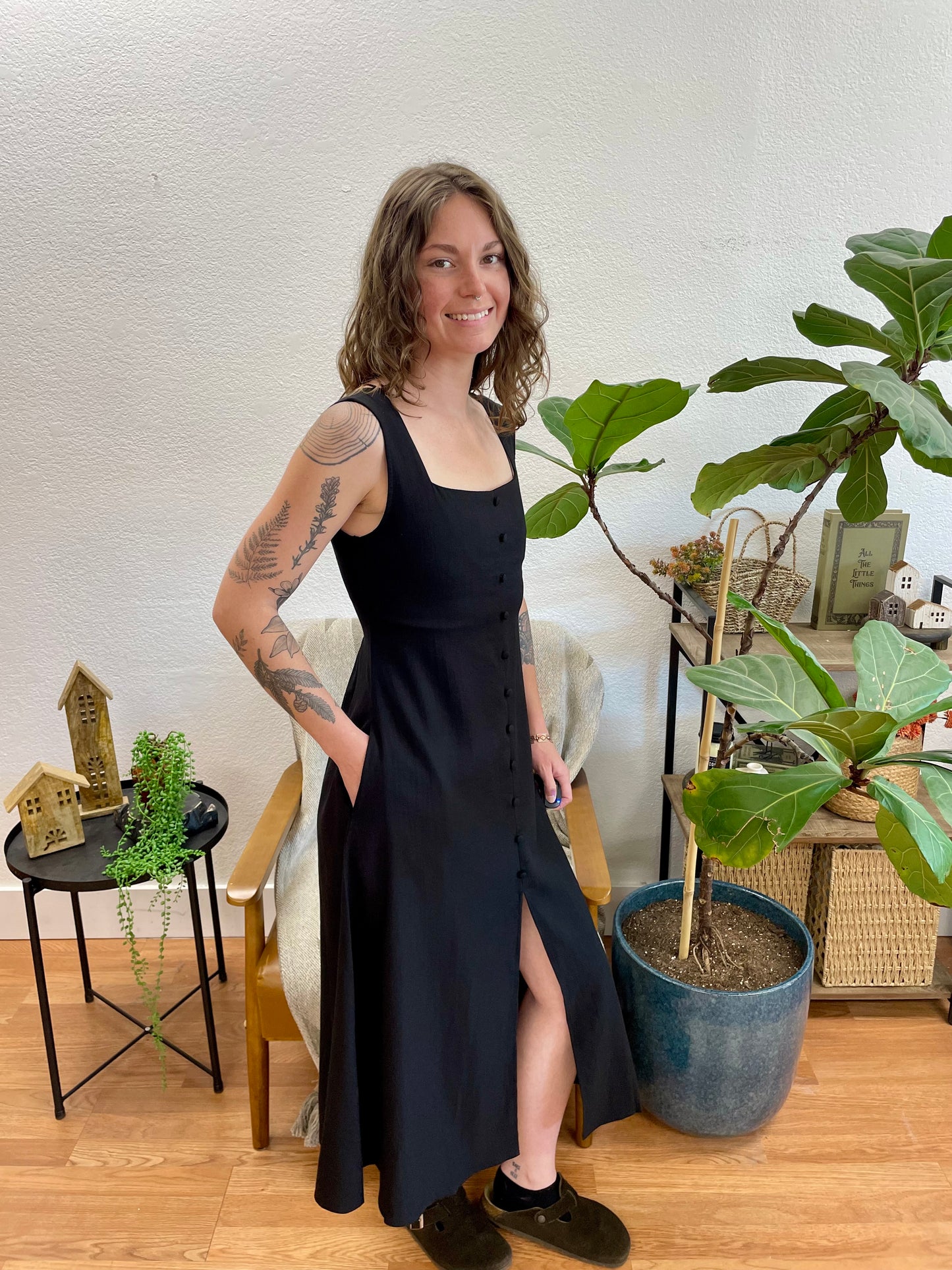Black Button Front Square Neck Dress