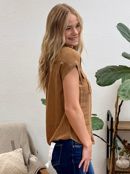 Deep Camel Washed Linen Button Down Top