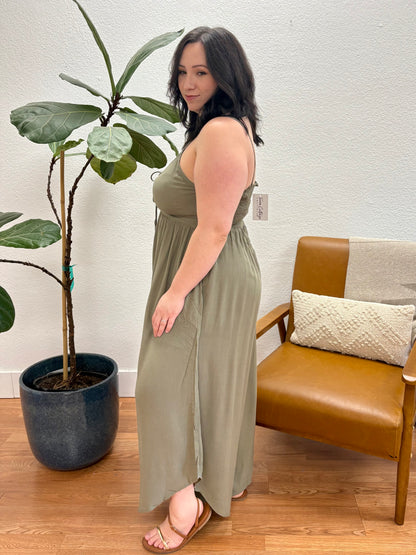 Olive Solid Midi Jumpsuit