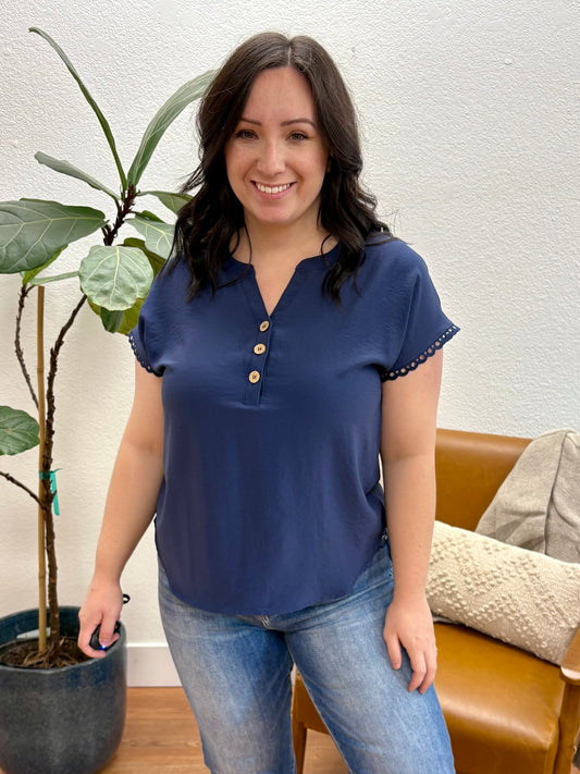Navy Scallop Henley Top