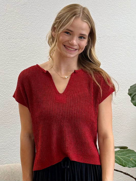Red Split Neck Knit Pullover