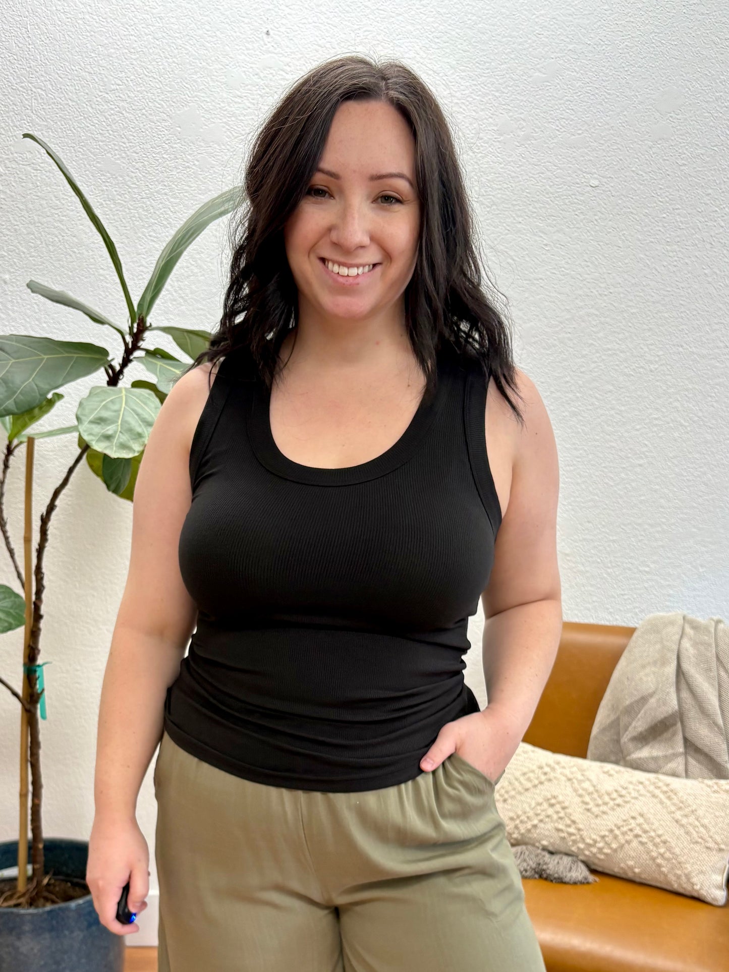 Black Ribbed Scoop Neck Tank
