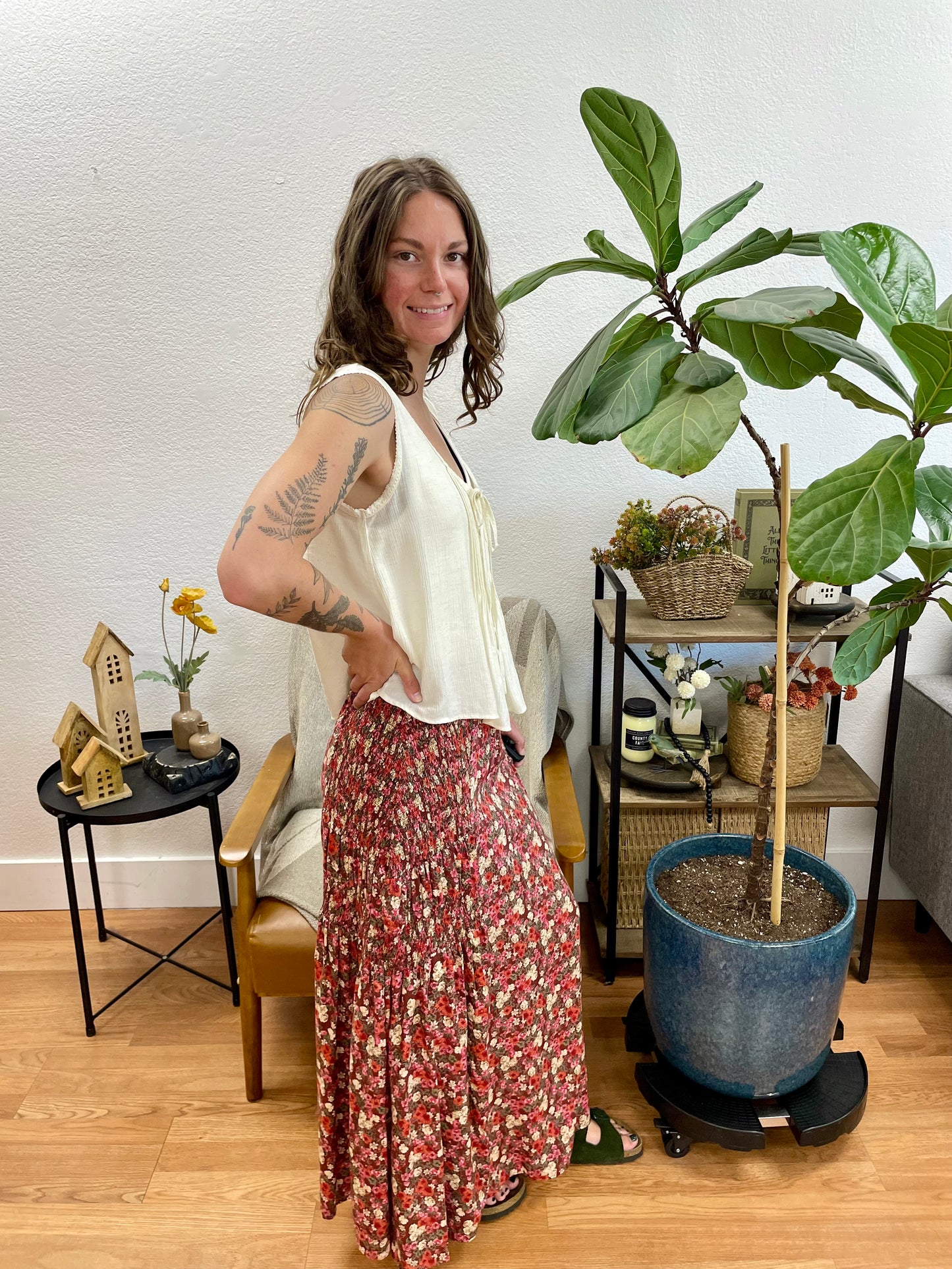 Wine Floral Smocked Waist Skirt
