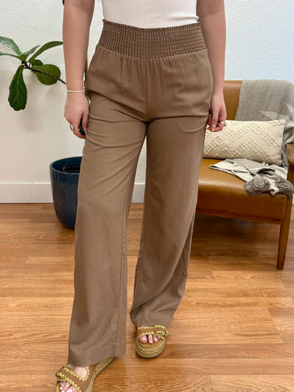 Mocha Shirred Linen Pants