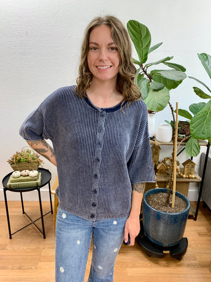Navy Washed Ribbed Cardigan