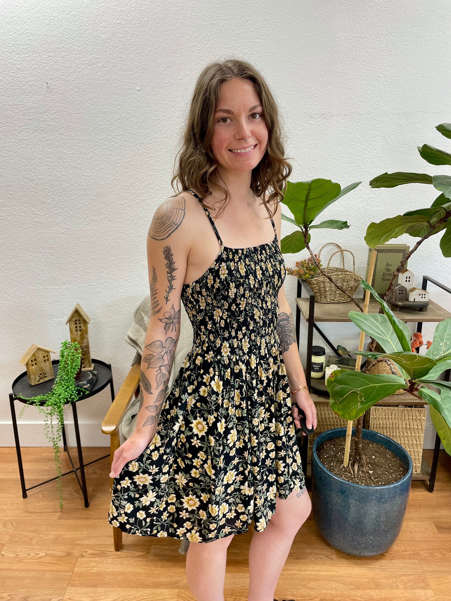Black Floral Smocked Sundress