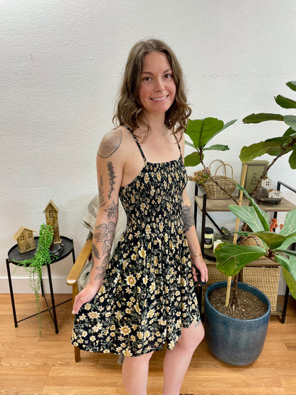 Black Floral Smocked Sundress