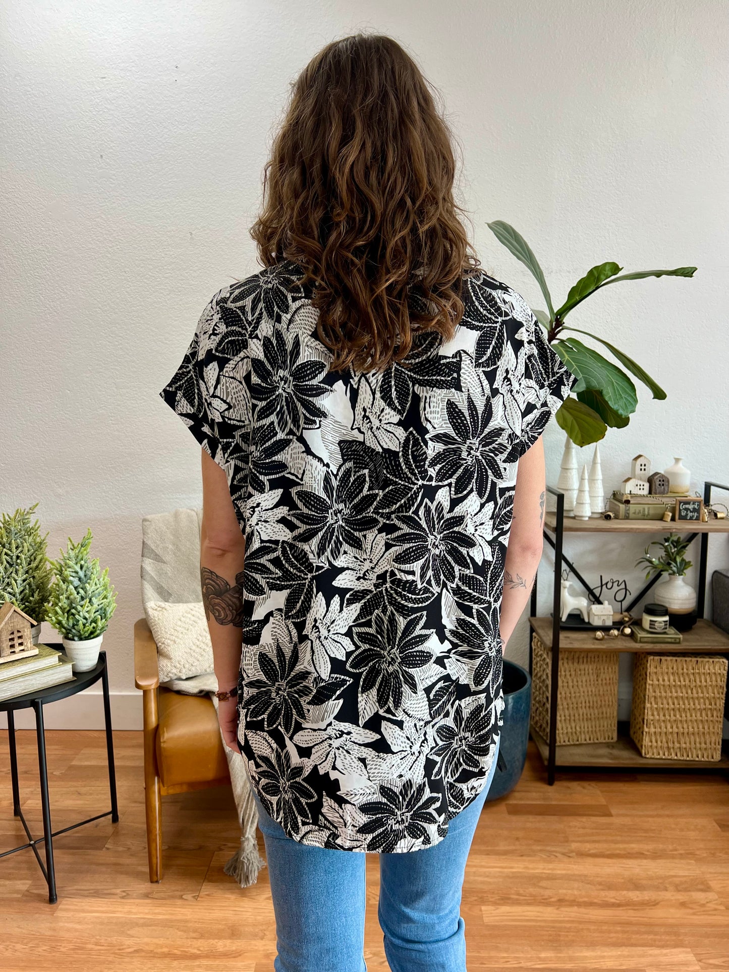 Black Floral V Neck Top