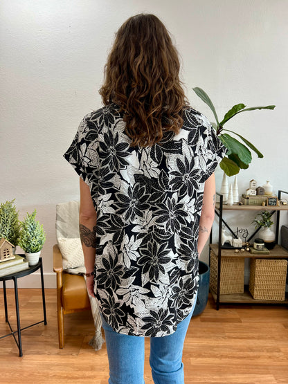 Black Floral V Neck Top